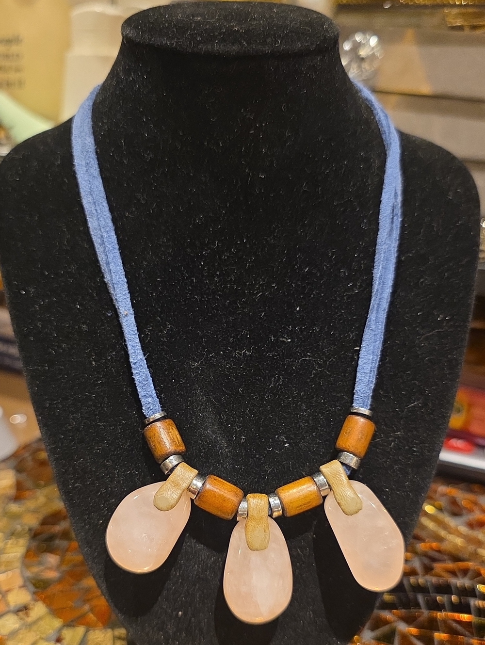 Handmade Pink Stone & Wood Pendant Necklace - Blue Cord